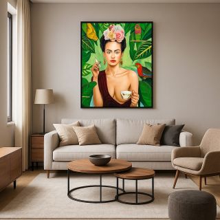 Frida v tropickém ráji 🌿 Frida mezi papoušky 🌺 Výrazný portrét plný barev a síly! Kam bys ho pověsil/a ty? 👇 #fridaart...