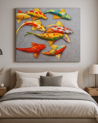 Ručně malovaný obraz z Bali, který rozjasní každý prostor. Tanec koi kaprů (100×120 cm) je moderní umění plné pohybu,...