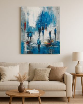 Abstraktní obraz s jemnou poetikou města v dešti. Deštníky v modři (80×100 cm) je ručně malované umění z Bali, které...