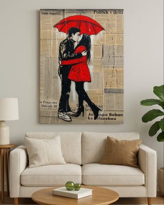 Láska pod jedním deštníkem. Tento moderní obraz s romantickým motivem je ručně malované umění z Bali, které přináší do...